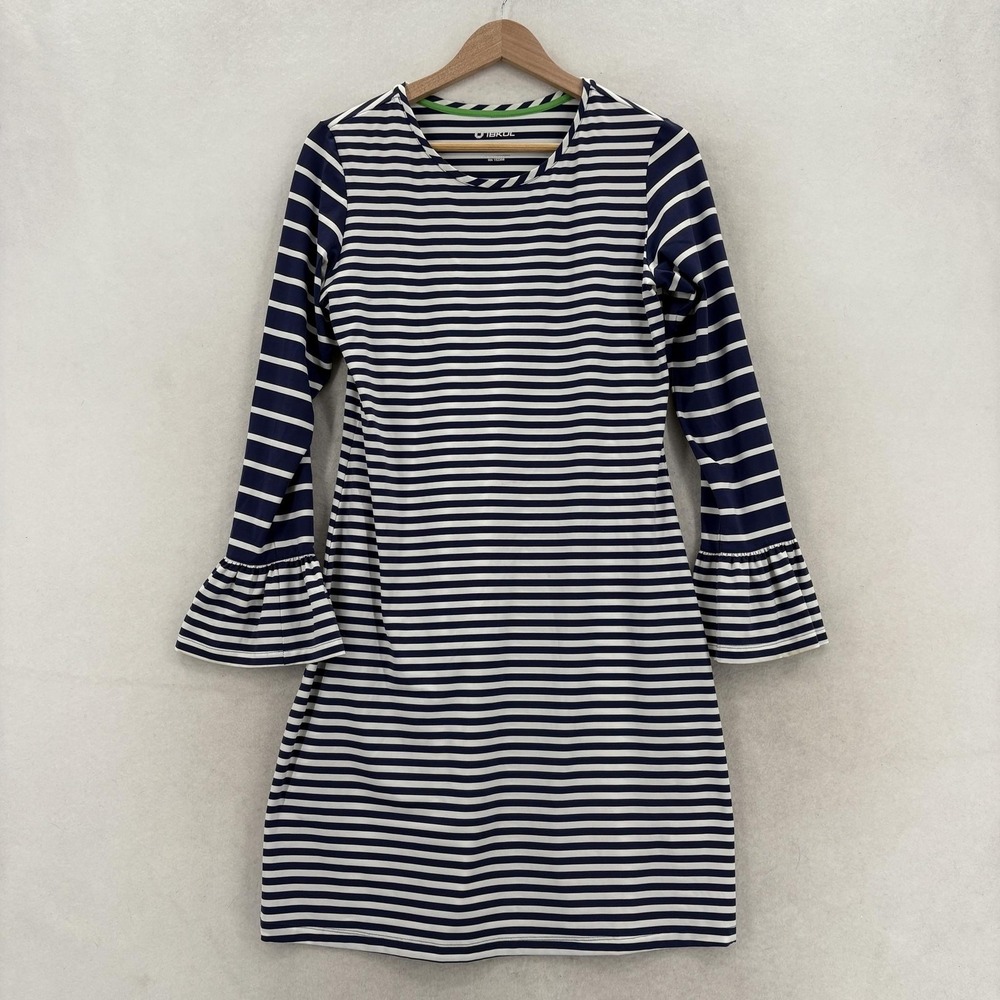 IBKUL Diane Shift Dress Womens Small Blue Striped Bell Sleeve Ruffle Nautical